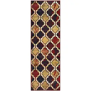 Photo of 8' Red Blue Quatrefoil Power Loom Distressed Stain Resistant Runner Rug