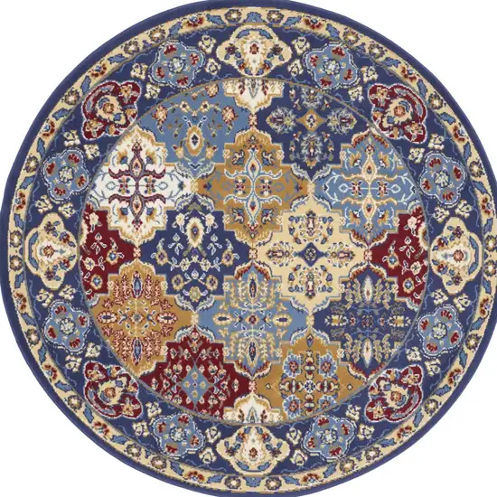 5' Red Blue and Light Brown Ogee Distressed Non Skid Round Rug Photo 8