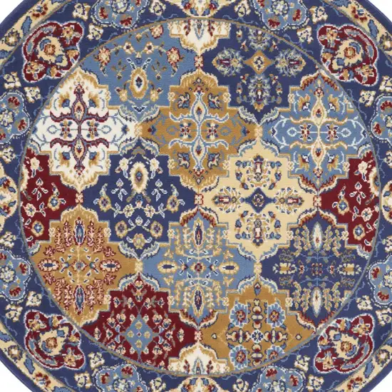 5' Red Blue and Light Brown Ogee Distressed Non Skid Round Rug Photo 7