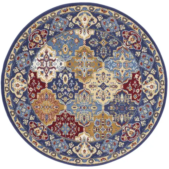 5' Red Blue and Light Brown Ogee Distressed Non Skid Round Rug Photo 2