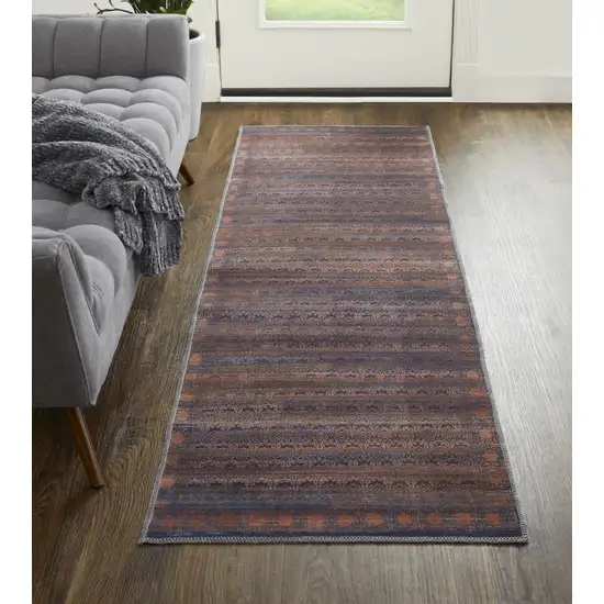 8' Red Brown And Blue Floral Power Loom Runner Rug Photo 1