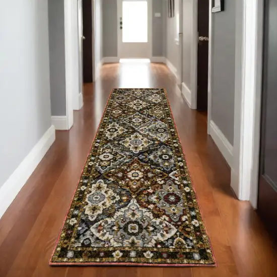 8' Red Brown And Orange Medallion Runner Rug Photo 1