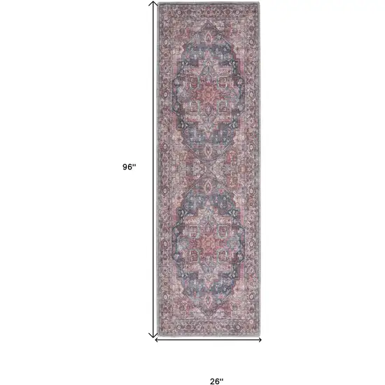 8' Red Floral Power Loom Distressed Washable Runner Rug Photo 7