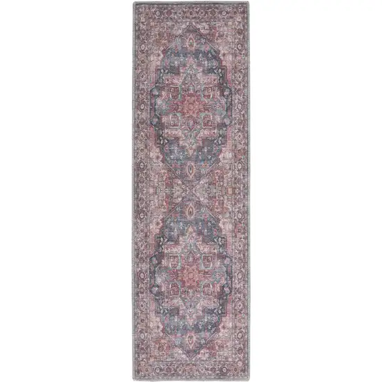 8' Red Floral Power Loom Distressed Washable Runner Rug Photo 1