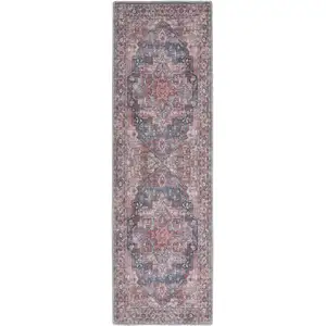 Photo of 8' Red Floral Power Loom Distressed Washable Runner Rug