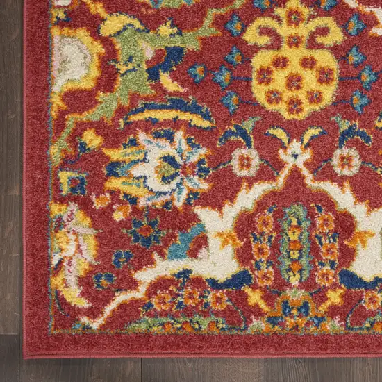 8' Red Floral Power Loom Runner Rug Photo 3