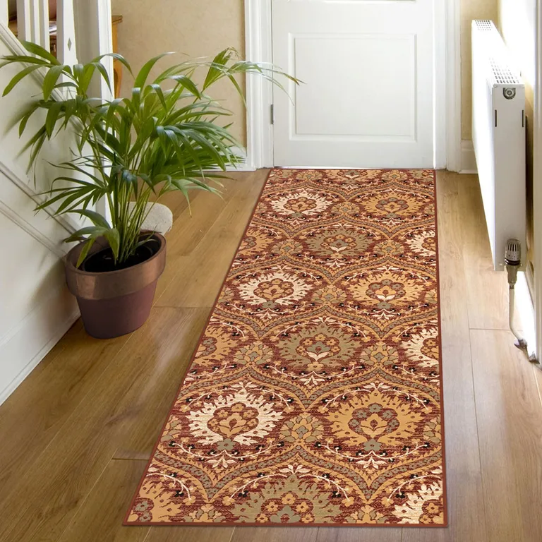 8' Red Gold And Olive Floral Stain Resistant Runner Rug Photo 2