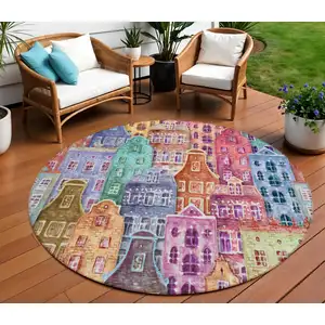 Photo of 8' Red Gold And Teal Blue Round Village Houses Washable Indoor Outdoor Area Rug