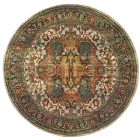 Photo of 8' Red Gold Orange Green Ivory Rust And Blue Round Oriental Power Loom Stain Resistant Area Rug