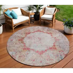 Photo of 8' Red Gray And Blue Round Oriental Washable Indoor Outdoor Area Rug