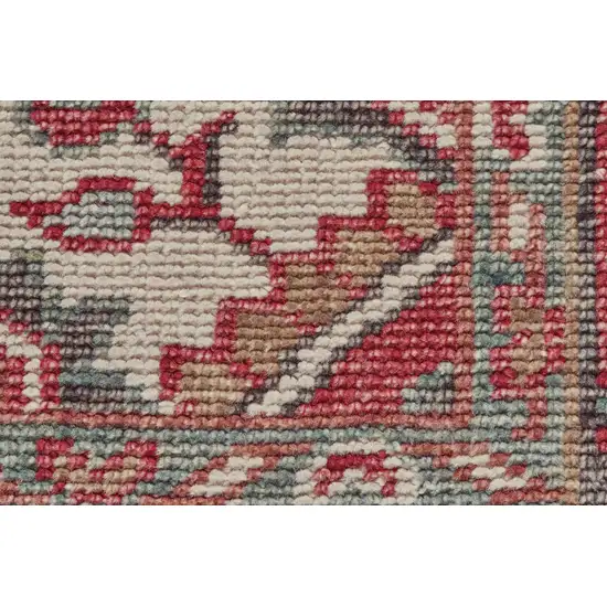 8' Red Gray And Ivory Wool Floral Hand Knotted Distressed Stain Resistant Runner Rug With Fringe Photo 4