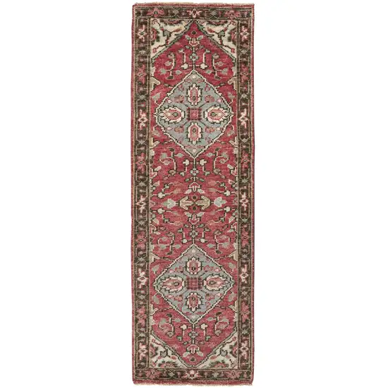 8' Red Gray And Ivory Wool Floral Hand Knotted Distressed Stain Resistant Runner Rug With Fringe Photo 1