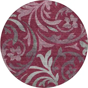 Photo of 8' Red Gray And Silver Round Floral Washable Indoor Outdoor Area Rug