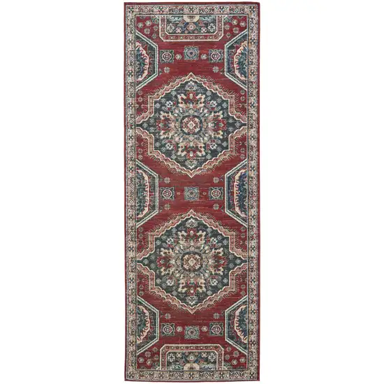 8' Red Gray And Tan Abstract Power Loom Distressed Stain Resistant Runner Rug Photo 1