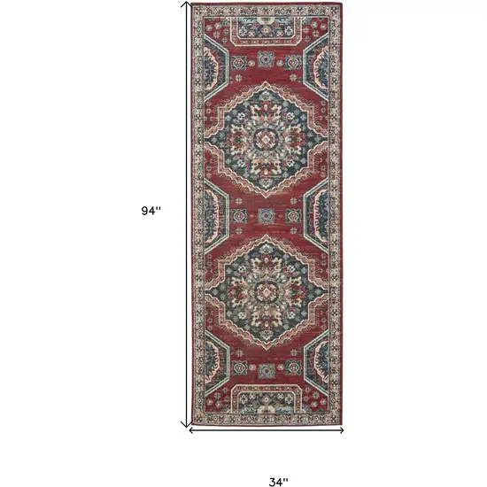 8' Red Gray And Tan Abstract Power Loom Distressed Stain Resistant Runner Rug Photo 7