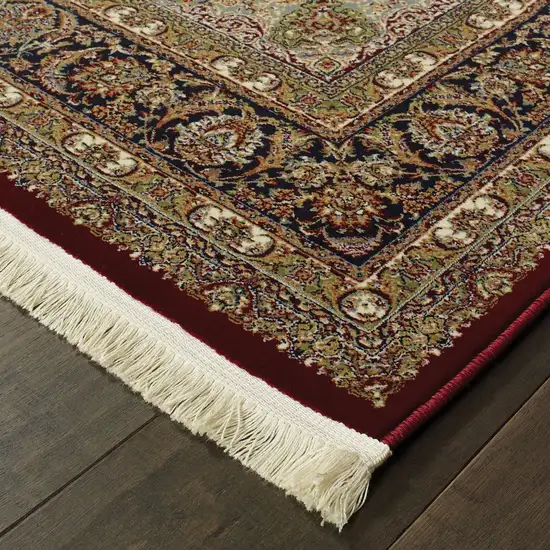 10' Red Light Brown And Ivory Medallion Runner Rug With Fringe Photo 6