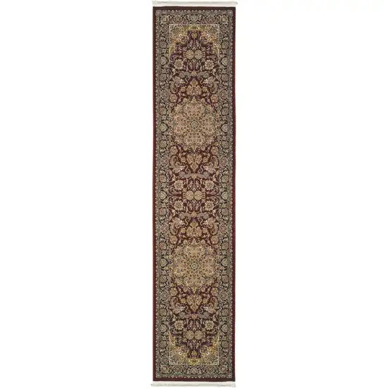 10' Red Light Brown And Ivory Medallion Runner Rug With Fringe Photo 2