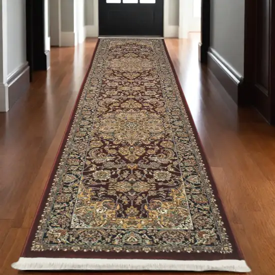 10' Red Light Brown And Ivory Medallion Runner Rug With Fringe Photo 1