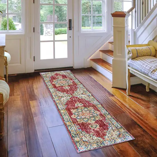 8' Red Medallion Power Loom Runner Rug Photo 8