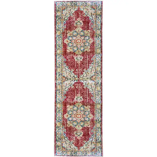 8' Red Medallion Power Loom Runner Rug Photo 1