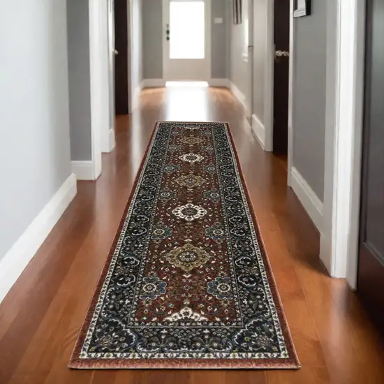 8' Red Medallion Runner Rug With Fringe Photo 1