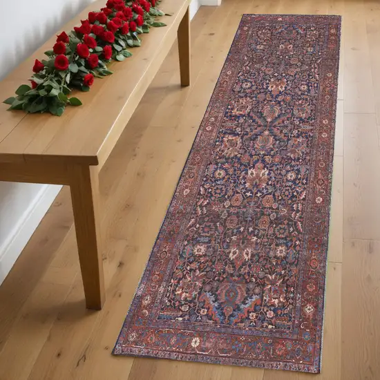 8' Red Orange And Blue Floral Power Loom Runner Rug Photo 1