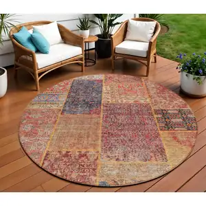 Photo of 8' Red Orange And Blue Round Patchwork Washable Indoor Outdoor Area Rug