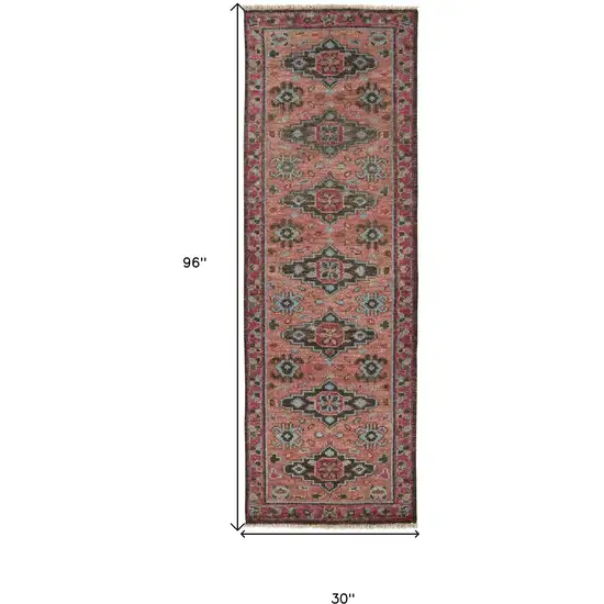 8' Red Orange And Blue Wool Floral Hand Knotted Distressed Stain Resistant Runner Rug With Fringe Photo 7