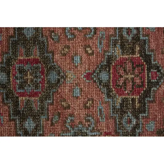 8' Red Orange And Blue Wool Floral Hand Knotted Distressed Stain Resistant Runner Rug With Fringe Photo 6