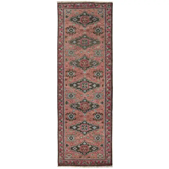 8' Red Orange And Blue Wool Floral Hand Knotted Distressed Stain Resistant Runner Rug With Fringe Photo 1