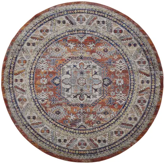 8' Red Orange And Ivory Round Floral Stain Resistant Area Rug Photo 1