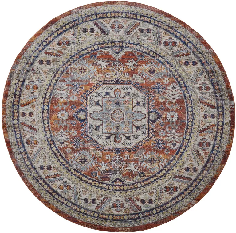 8' Red Orange And Ivory Round Floral Stain Resistant Area Rug Photo 4