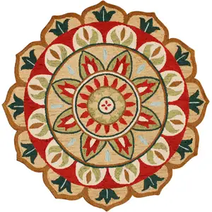 Photo of 4' Red Round Wool Floral Hand Tufted Area Rug