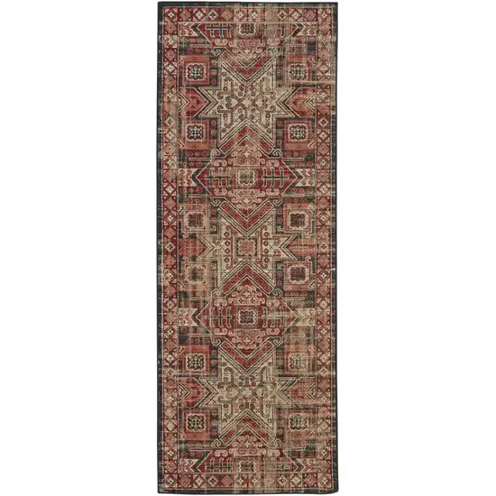 8' Red Tan And Black Abstract Power Loom Distressed Stain Resistant Runner Rug Photo 1