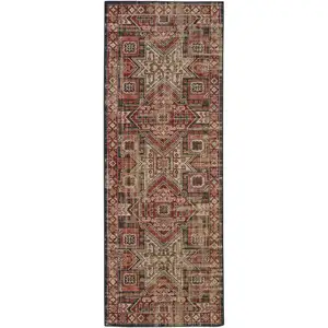 Photo of 8' Red Tan And Black Abstract Power Loom Distressed Stain Resistant Runner Rug