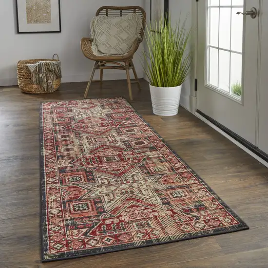 8' Red Tan And Black Abstract Power Loom Distressed Stain Resistant Runner Rug Photo 5