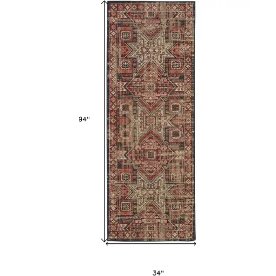 8' Red Tan And Black Abstract Power Loom Distressed Stain Resistant Runner Rug Photo 7