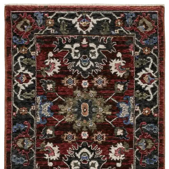 8' Red Tan And Black Oriental Runner Rug With Fringe Photo 4