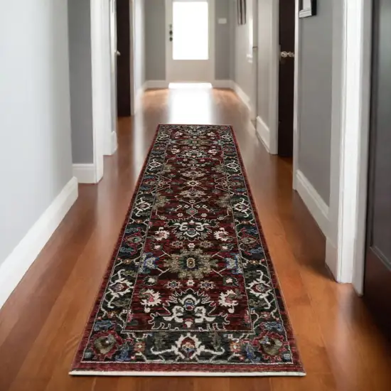 8' Red Tan And Black Oriental Runner Rug With Fringe Photo 1