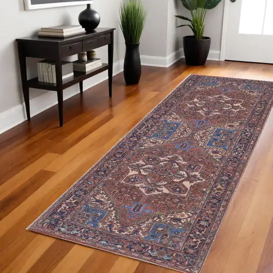 8' Red Tan And Blue Floral Power Loom Runner Rug Photo 1