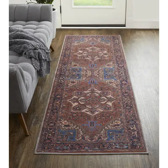 8' Red Tan And Blue Floral Power Loom Runner Rug Photo 5