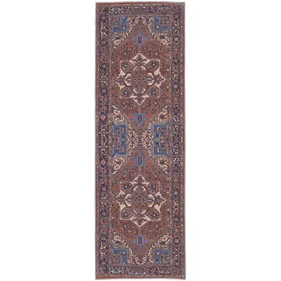 8' Red Tan And Blue Floral Power Loom Runner Rug Photo 1