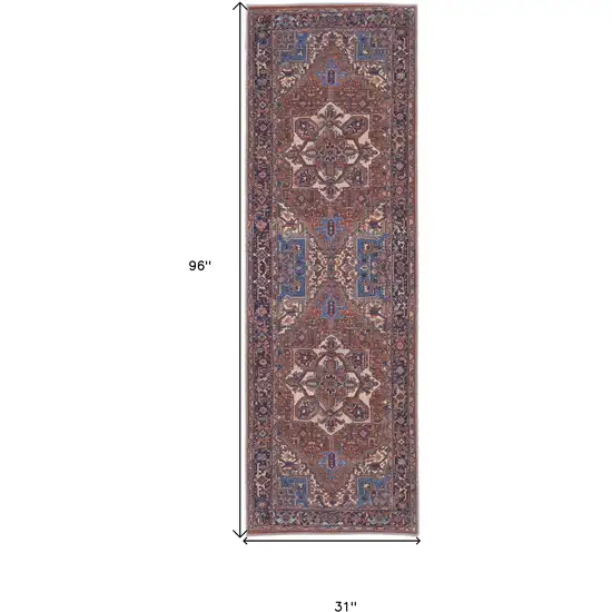 8' Red Tan And Blue Floral Power Loom Runner Rug Photo 7