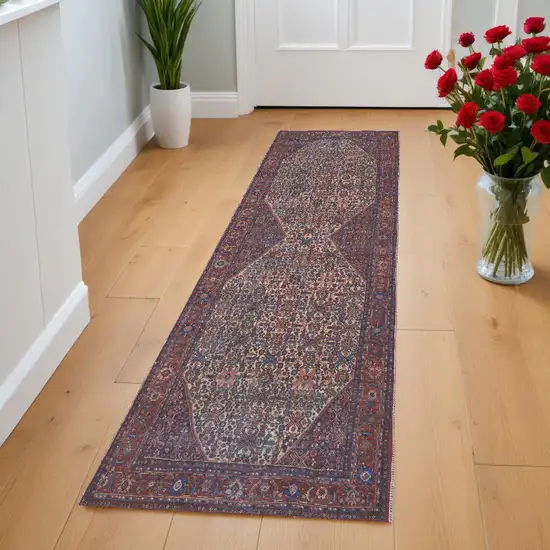 8' Red Tan And Blue Floral Power Loom Runner Rug Photo 1