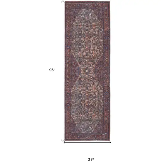 8' Red Tan And Blue Floral Power Loom Runner Rug Photo 7