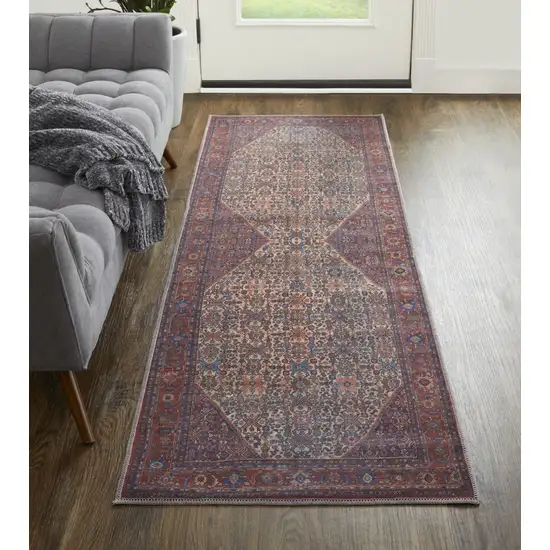 8' Red Tan And Blue Floral Power Loom Runner Rug Photo 5