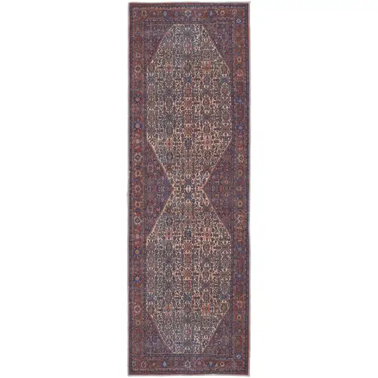 8' Red Tan And Blue Floral Power Loom Runner Rug Photo 1