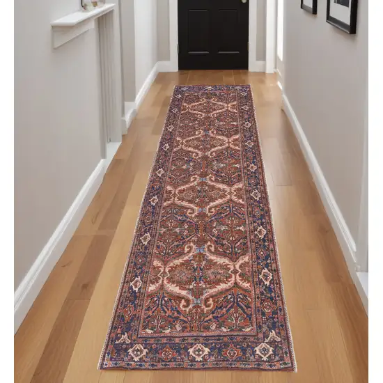 8' Red Tan And Blue Floral Power Loom Runner Rug Photo 1