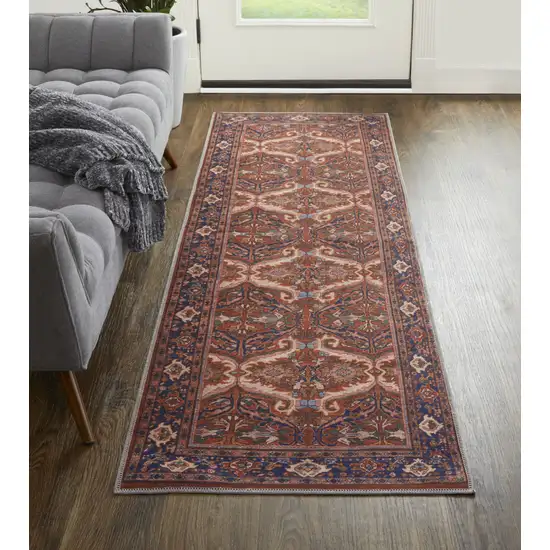 8' Red Tan And Blue Floral Power Loom Runner Rug Photo 4