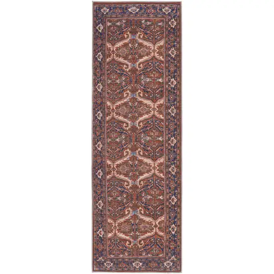 8' Red Tan And Blue Floral Power Loom Runner Rug Photo 1